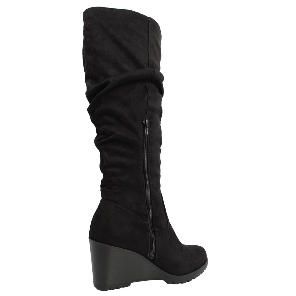 Size 6 Black Faux Suede Slouchy Stacked Wedge Knee - Picture 3 of 6